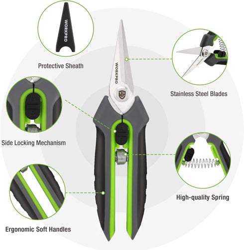 WORKPRO Garden Pruning Shears, 2 Pack, 8" Bypass and 6.25" Straight Garden Scissors