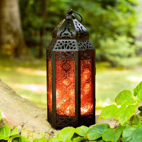 LampLust Moroccan Lantern with Lights - 11 Inch Decorative Indoor Lantern with LED Fairy Lights, Black Metal & Red Glass