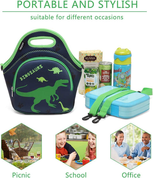 VASCHY Lunch Bag for Kids - Insulated Neoprene Lightweight Lunch Box for Boys and Girls, Dinosaur Design