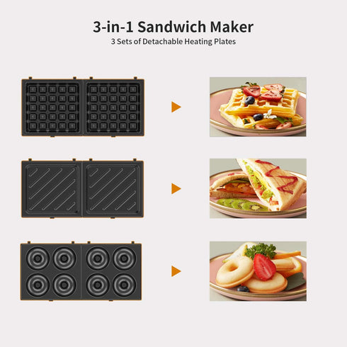 LIVEN Mini Waffle Maker with 3 Shapes Removable Plates, Electric Non-Stick Breakfast Machine, Pink
