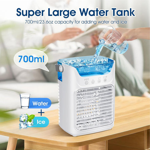 USB Powered Air Conditioner Fan, 700ML Automatic Timing Portable Cooler Humidifier with 7 Color Night Light, 3 Wind