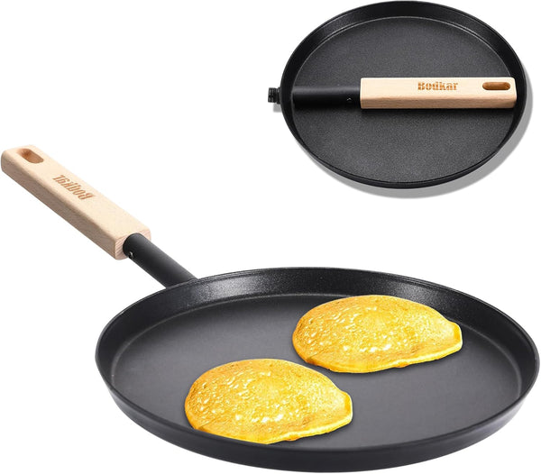 Frying Pan Skillet 8-Inch Flat Griddle Pan, Lightweight Grill Pan with Wooden Handle for Indoor Outdoor Cooking