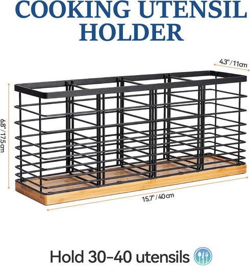 Large Kitchen Utensil Holder, 15.7" x 4.2" x 6.9", 4 Compartments Utensil Caddy for Farmhouse Cooking