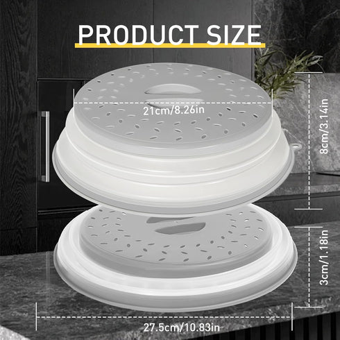 Collapsible Microwave Splatter Cover, Vented Microwave Lid with Hook Hole, Splatter Guard for Plate Dish Bowl, Vegetable Fruit Colander Multi-function Kitchen Gadget, BPA-Free (Grey)