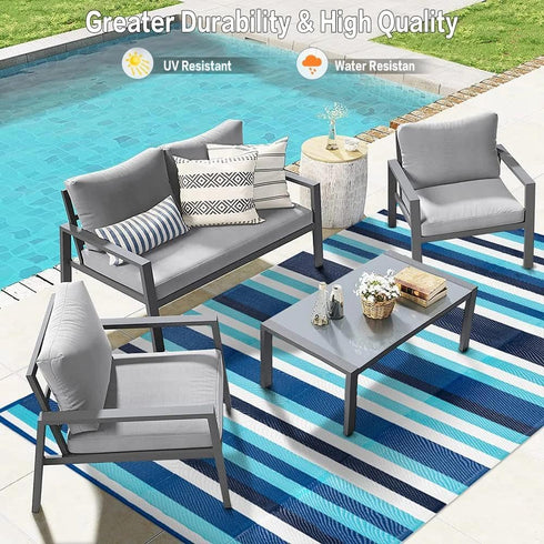 (5x8ft,Stripe/Blue&White) HUGEAR Outdoor Plastic Straw Rug, Waterproof Mat, Washable Large Floor Mat and Rug