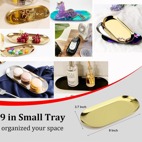Stainless Steel Decorative Tray, Set of 2, 9 Inch Long, Jewelry Dish, Small Storage Tray, Gold