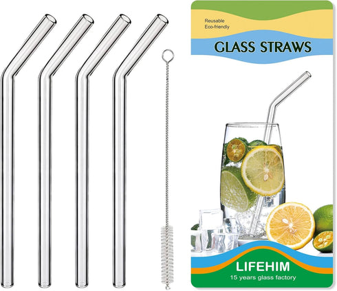 Borosilicate Glass Straws for 16 oz Tumbler, 9 inch 8mm BPA Free, Reusable Clear Bent Skinny Drinking Straws