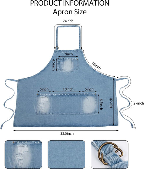 5 Denim Apron With Pockets for Kitchens,Hairstylist Aprons for Women Men,Adjustable Bib Jean Apron for Arts Cafe Work