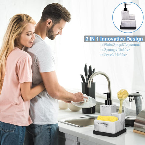 LeucSuiok 3 1 Soap Dispenser with Sponge Holder and Brush Holder,White Marble in Liquid Hand Dish Soap Dispenser