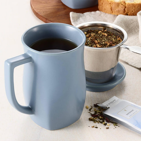 14 oz Tea Forte Ceramic Fiore Cup with Handle, Removeable Stainless Steel Infuser Basket and Lid, Steeps Loose Leaf