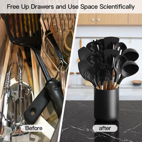 Black Kitchen Utensil Holder for Countertop, Matte Cooking Utensils Holder, Modern Ceramic Crock Easy to Clean for