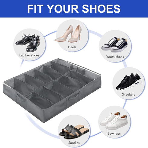 Surblue Under Bed Shoe Storage Organizer, Underbed Shoes Closet Storage Solution, Fits 12 Pairs