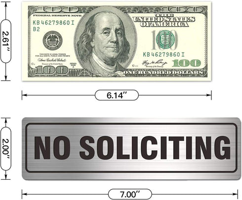 No Soliciting Sign for House Door 7.0" x 2.0" Aluminum Metal Signboard with Strong Self Adhesive (4 Pack, Silver)
