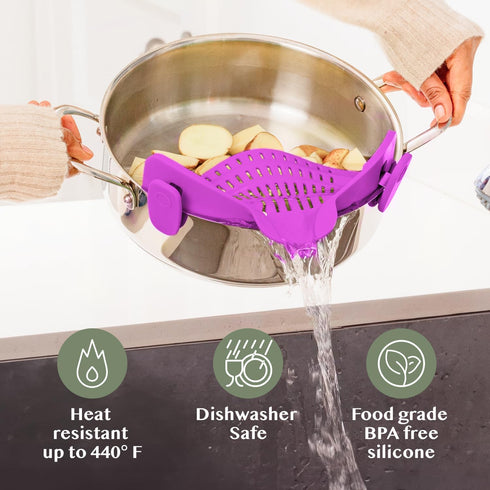 Kitchen Gizmo Snap N Strain Pot and Pasta Strainer - Adjustable Silicone Clip On Strainer for Pots, Pans, Bowls, Purple