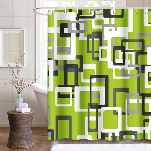 Shower Curtain Set, Modern Lime Green Black Gray White 72"x72" Waterproof Bath Bathroom Curtain with Hooks
