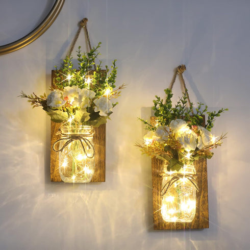 Set Lightess Wall Decor Mason Jar Sconces with Remote Control, Rustic Home Decor LED Fairy Lights with White Rose