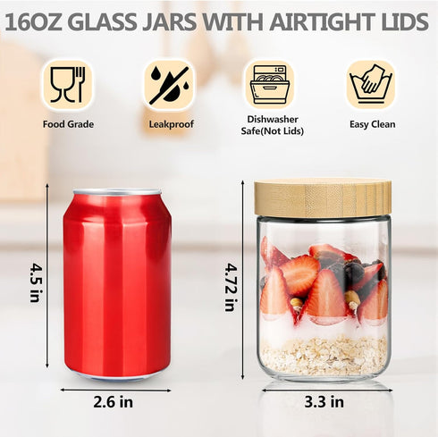 12 Pack 16oz TBWIND Glass Jars with Bamboo Lids, Spoons, Airtight Overnight Oats Containers, Salad& Yogurt Storage