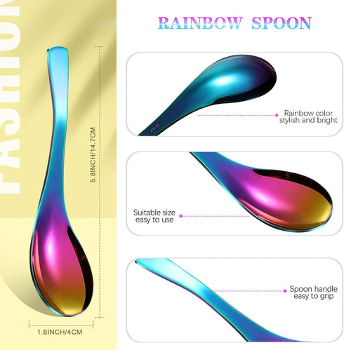 6 Pieces Rainbow Soup Spoon Colorful Stainless Steel Spoon Mirror Finish Spoons Kitchen Serving Spoons for Soup Rice Tea Milk Coffee Dessert