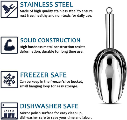 E-far 6 Ounce Ice Scoop Set of 2, Small Stainless Steel Scoops for Ice Cube, Candy, Flour