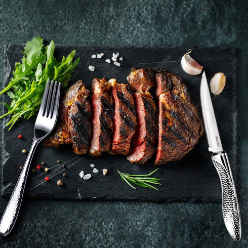 Steak Knives Set of 6, Stainless Steel Serrated Blade, Hammered Pattern Handle, 4.5 In, Dishwasher Safe for Kitchen