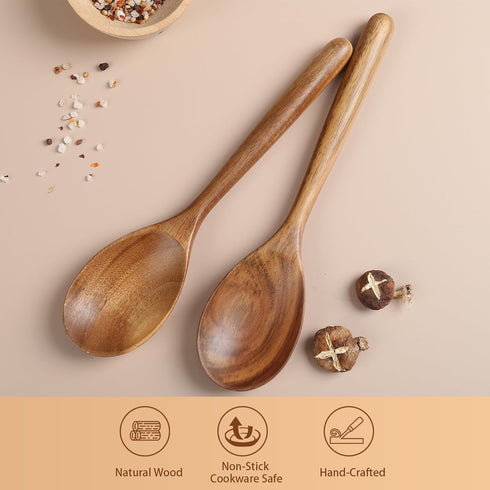 Kitchen Wooden Cooking Spoon Set, 2 Pieces - Solid Acacia Wood Serving Spoons for Mixing, Stirring, Nonstick Utensils