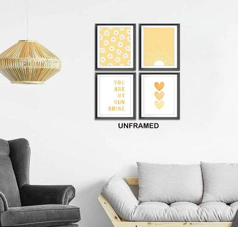 4pcs 8x10inches You are My Sunshine Boho Sage Yellow Sun Sunshine Daisy Flower Hearts Poster Prints for Girls Kids Room