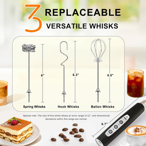 YUSWKO Black Handheld Milk Frother Wand, Rechargeable Electric Whisk with 3 Heads, 3 Speeds for Latte, Cappuccino, Egg