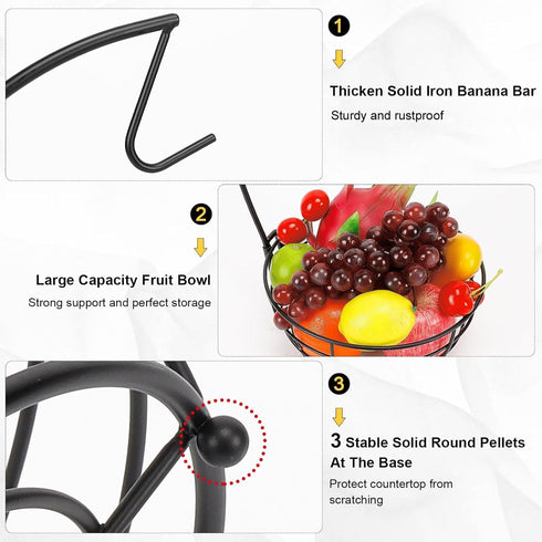 Countertop Fruit Basket Bowl with Banana Hanger, Modern Storage for Fruits and Vegetables, Round Metal, Black