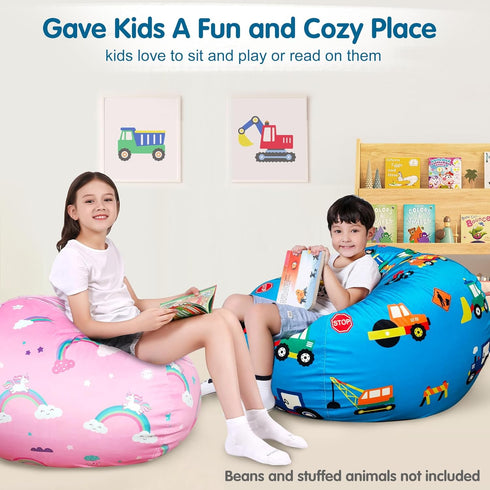 Lukeight Stuffed Animal Storage Bean Bag Chair Cover for Kids, XX-Large Construction Zipper Cover for Organizing Plush