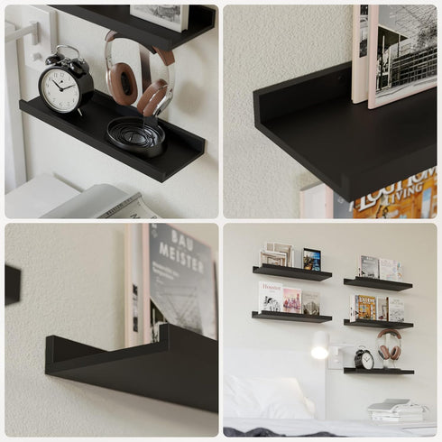 5 Set RICHER HOUSE Floating Wall Mounted Shelves, Black Shelves for Wall Decor, Modern Picture Ledge Shelf with Lip