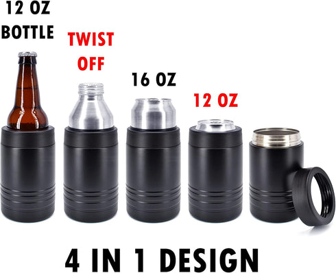 4-in-1 Stainless Steel 12 oz Double Wall Vacuum Insulated Can or Bottle Cooler, Fits 16 oz Cans - Black