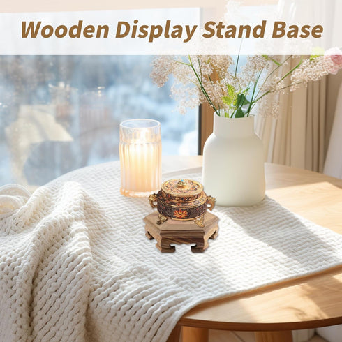 4.65" 1.38" Wooden Display Stand Base x Hexagonal Wood Carved Pedestal Oriental Style Home Decoration for Vase, Flower