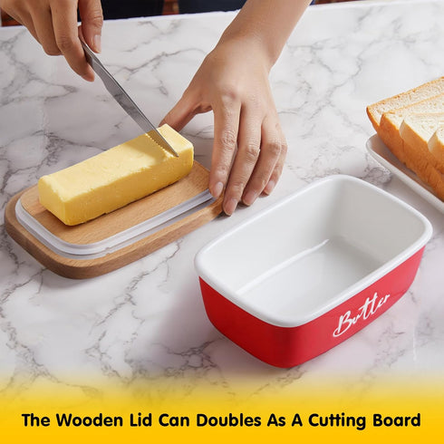 ALELION Red Butter Dish with Lid and Knife, Ceramic Container with Beech Wood Lid for Kitchen Decor