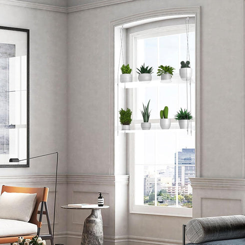 ZerzSemp 2-Tier 16 Inch Hanging Clear Plant Shelves for Windows, Acrylic Window Wall Plant Stand Shelf for Kitchen