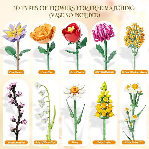 WIDELAND Set, 1070PCS Flowers Bouquet Building Artificial Plant Flower Kit Toy for Adults Kids Women Her, Wildflower