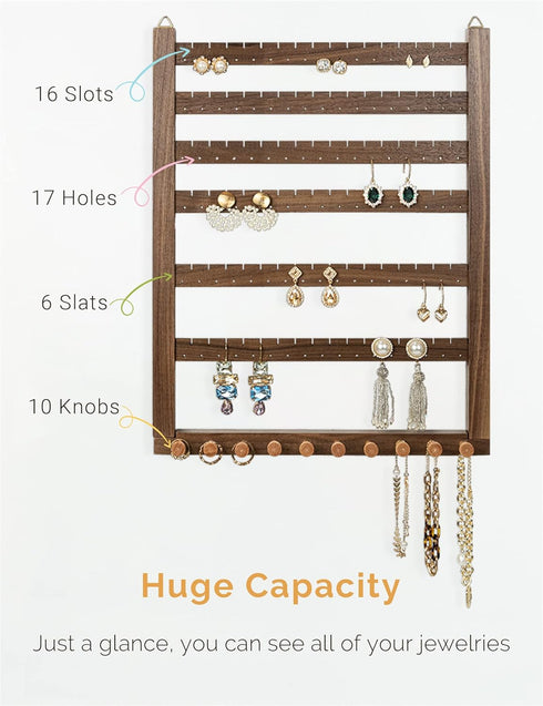 Mymazn Easy Assemble Solid Walnut Wood Earring Wall Holder Hanging Jewelry Organizer Necklace Holder Earring Hanger