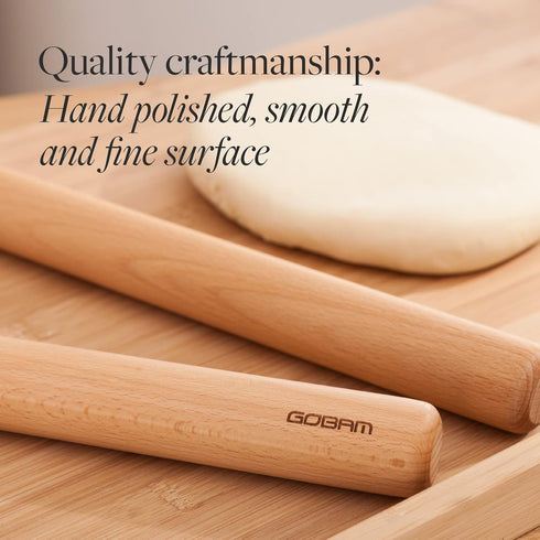 GOBAM Wood Rolling Pin - Medium Dough Roller for Pasta, Cookies, Pizza, 13 x 1.38 Inches