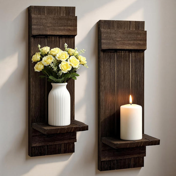 Treory Candle Sconces Set of 2: Farmhouse Wall Candle Holder, Black Walnut Wood