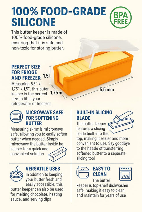 Silicone Butter Keeper with Built-in Slicing Blade & Microwave Safe Lid - Keep Butter Fresh & Accessible BPA Free