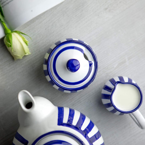 City to Cottage Ceramic Sugar Bowl with Lid, 10oz Sugar Container for Coffee Bar, Handcrafted Blue Stripe Coastal Sugar