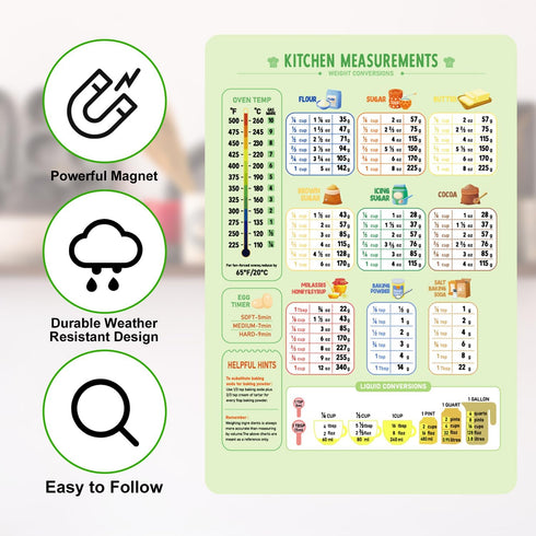 Kitchen Conversion Chart Magnet, Metric Measurement Guide for Cooking, Baking, and Cookbook Accessories
