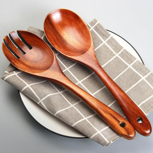 Wooden Salad Tongs, 10.2in Serving Utensils Set, Acacia Salad Spoon and Fork Set, Long Handle Wood Serving Utensils