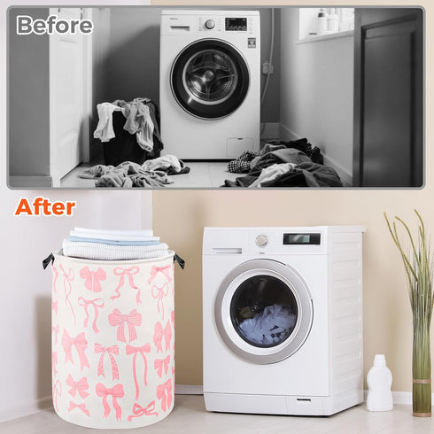 SEASINK 17.71"x13.77" Pink Laundry Basket Bow Decor for Girls Room Cute Teens Nursery Hamper Kids Bin for Dorm Bathroom