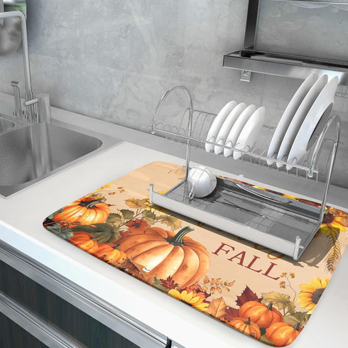 Fall Pumpkin Sunflower Dish Drying Mat 18”x24”, Absorbent Autumn Orange Pumpkins Drying Mat for Kitchen Counter