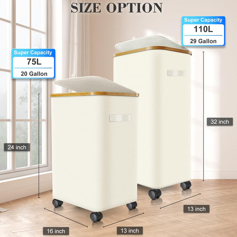 Wheels,20 (75L) Laundry Hamper with Gal Laundry Basket with lid Rolling Clothes Hamper Foldable Dirty Clothes Basket on