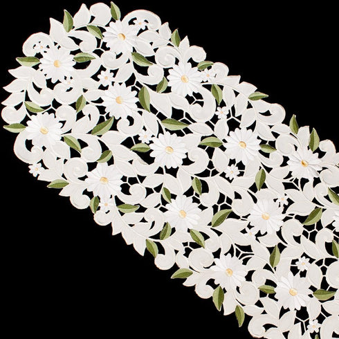 Embroidered Cut Work White Daisy on Ivory Table Runner - Dresser Scarf (16Wx54L)