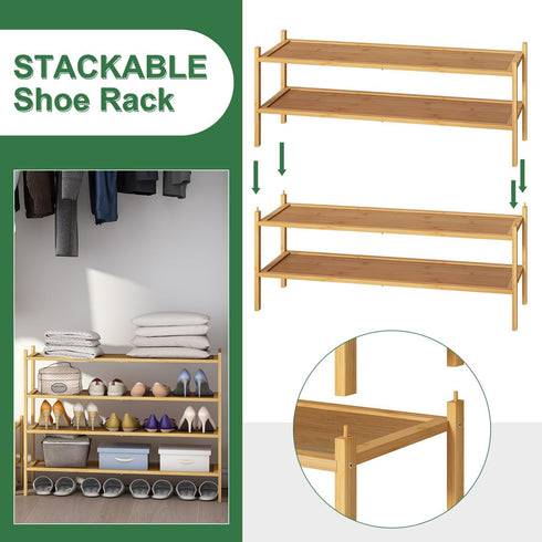 kiplant 2-Tier Closet, Long Shoe Rack, Bamboo Wood Shoe Rack, Stackable for Entryway & Hallway