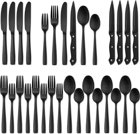 Hiware 24 Pieces Matte Black Silverware Set with Steak Knives for 4, Stainless Steel Flatware Utensils Set