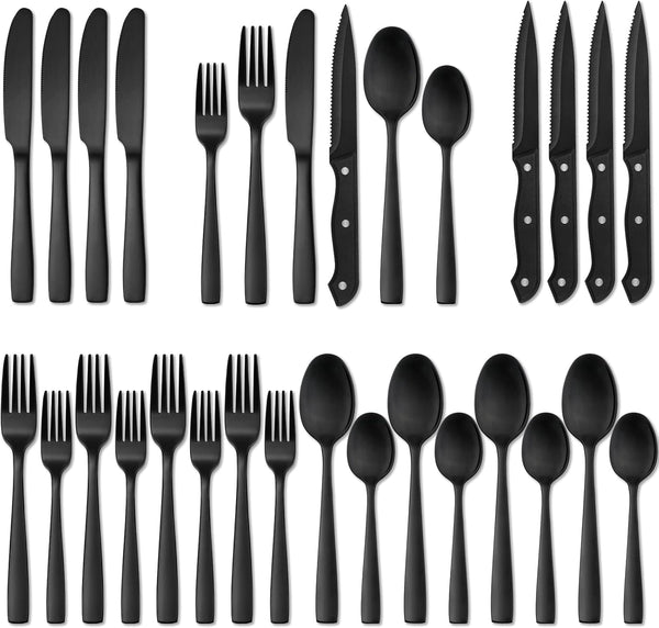 Hiware 24 Pieces Matte Black Silverware Set with Steak Knives for 4, Stainless Steel Flatware Utensils Set