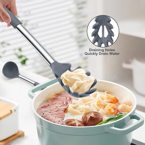 TeamFar Silicone Kitchen Utensils, 2 Pcs Large Nonstick Soup Ladle and Pasta Fork for Cooking, Mixing, Serving, Light